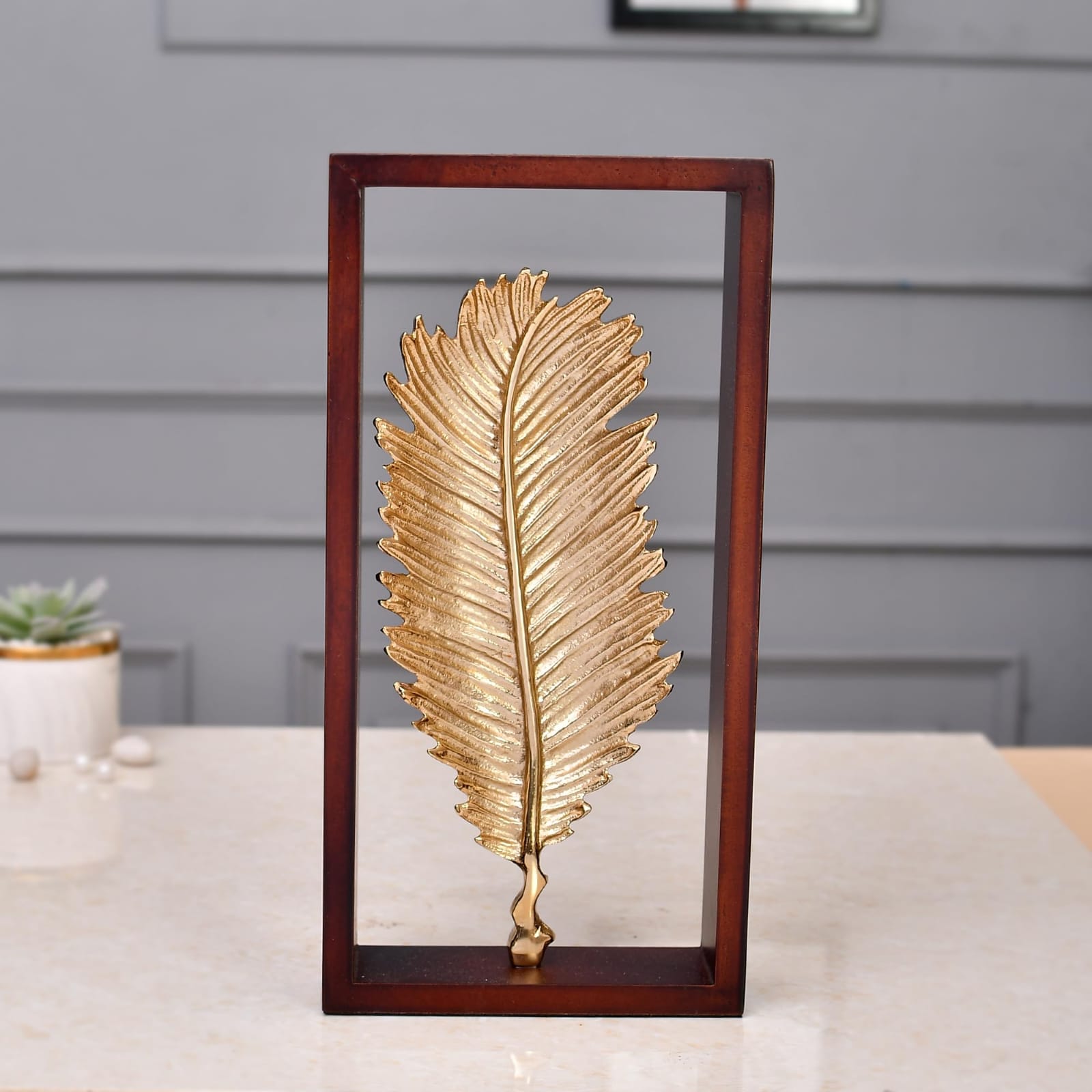 Modern Golden Plam Leaf in Wooden Frame