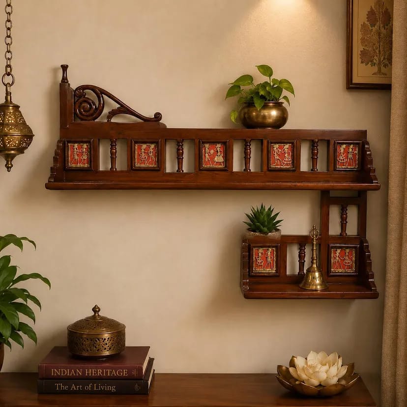 Teak Wood Wall Shelf Adorned with Traditional Dhokra and Warli Art.